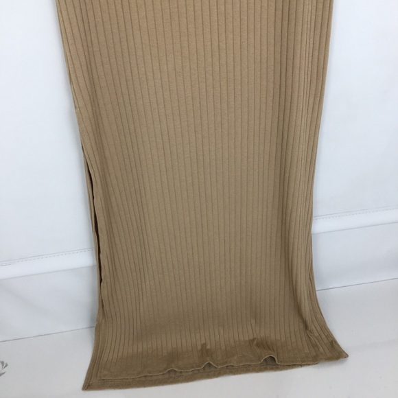 Y2K Ribbed Maxi Tank Dress Bodycon Tan High Slit Ruffle Straps Women’s Size XL - Picture 8 of 10